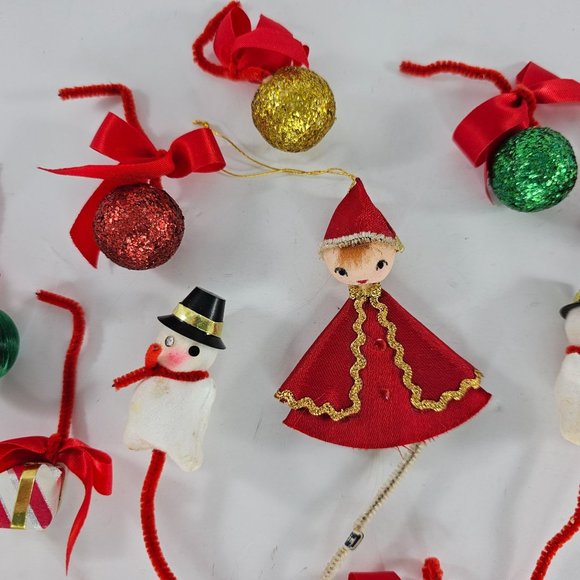 Vintage Felt Pipe Cleaner Christmas Ornament Lot Pixie Snowman Gifts Balls - Picture 7 of 10
